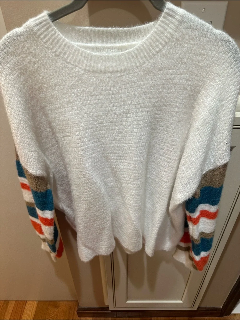 White Crewneck Sweater with Striped Sleeves